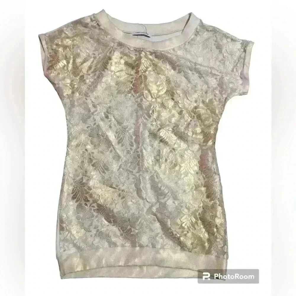 Flavio Castellani shear lace cap sleeve metallic gold spray paint coated top​